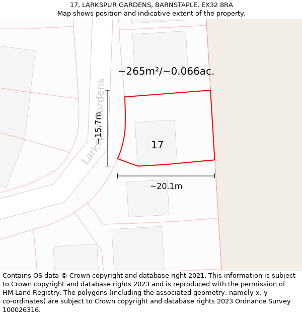 17, LARKSPUR GARDENS, BARNSTAPLE, EX32 8RA: Plot and title map