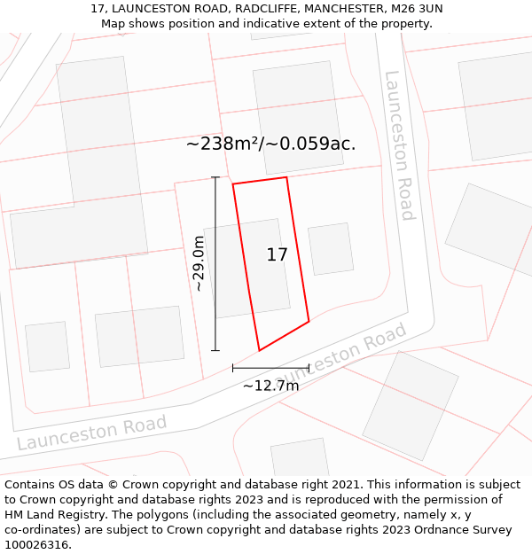 17, LAUNCESTON ROAD, RADCLIFFE, MANCHESTER, M26 3UN: Plot and title map