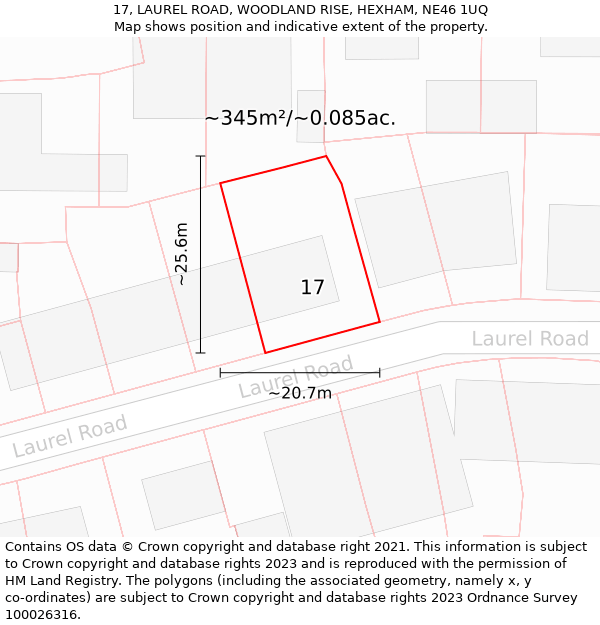 17, LAUREL ROAD, WOODLAND RISE, HEXHAM, NE46 1UQ: Plot and title map