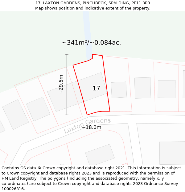 17, LAXTON GARDENS, PINCHBECK, SPALDING, PE11 3PR: Plot and title map