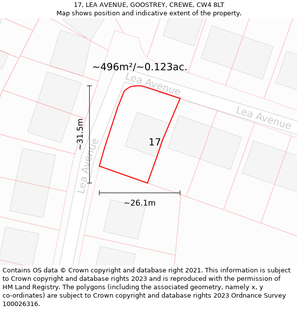 17, LEA AVENUE, GOOSTREY, CREWE, CW4 8LT: Plot and title map