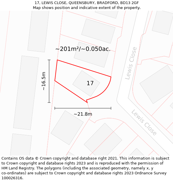 17, LEWIS CLOSE, QUEENSBURY, BRADFORD, BD13 2GF: Plot and title map