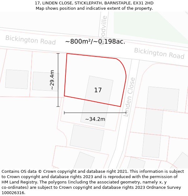 17, LINDEN CLOSE, STICKLEPATH, BARNSTAPLE, EX31 2HD: Plot and title map