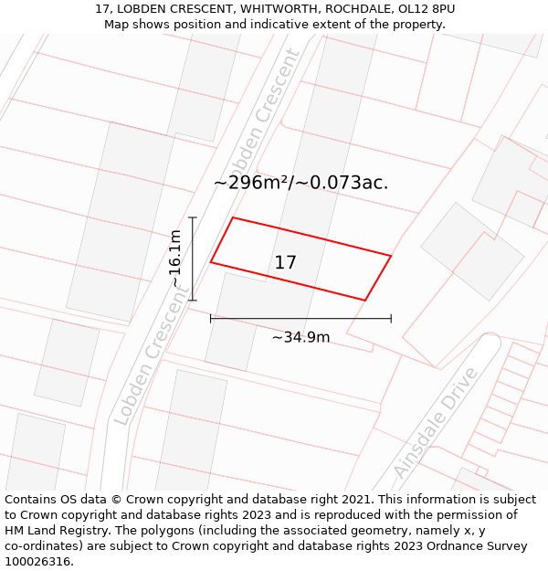 17, LOBDEN CRESCENT, WHITWORTH, ROCHDALE, OL12 8PU: Plot and title map