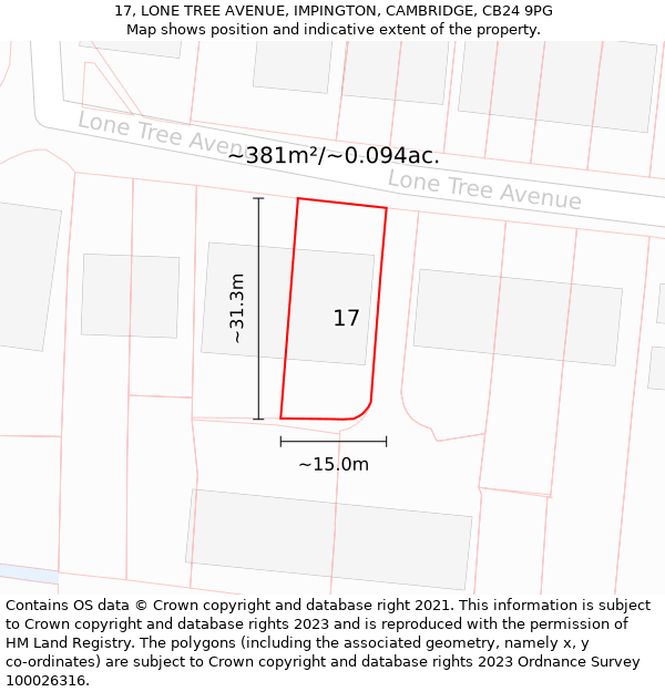 17, LONE TREE AVENUE, IMPINGTON, CAMBRIDGE, CB24 9PG: Plot and title map