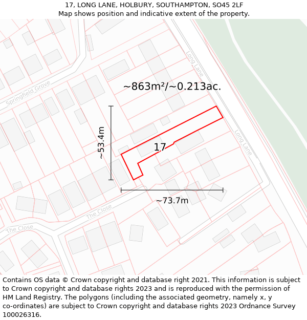 17, LONG LANE, HOLBURY, SOUTHAMPTON, SO45 2LF: Plot and title map