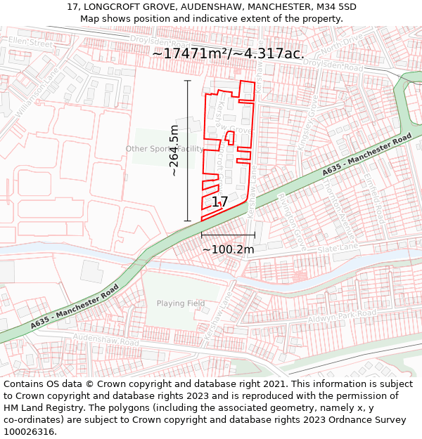 17, LONGCROFT GROVE, AUDENSHAW, MANCHESTER, M34 5SD: Plot and title map