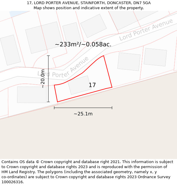 17, LORD PORTER AVENUE, STAINFORTH, DONCASTER, DN7 5GA: Plot and title map