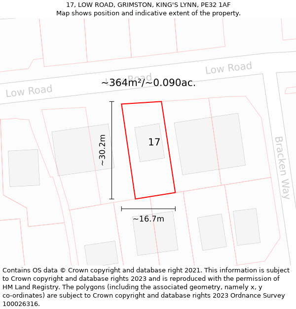 17, LOW ROAD, GRIMSTON, KING'S LYNN, PE32 1AF: Plot and title map