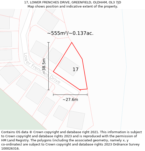 17, LOWER FRENCHES DRIVE, GREENFIELD, OLDHAM, OL3 7JD: Plot and title map