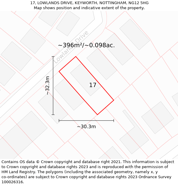 17, LOWLANDS DRIVE, KEYWORTH, NOTTINGHAM, NG12 5HG: Plot and title map