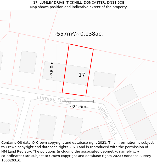 17, LUMLEY DRIVE, TICKHILL, DONCASTER, DN11 9QE: Plot and title map