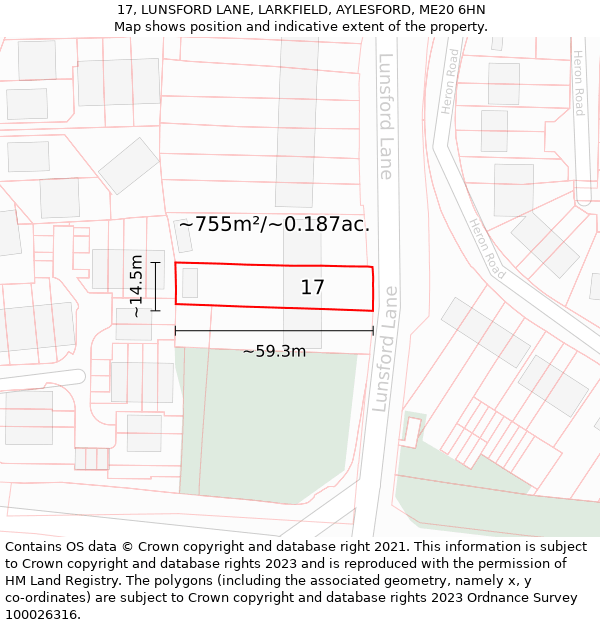 17, LUNSFORD LANE, LARKFIELD, AYLESFORD, ME20 6HN: Plot and title map