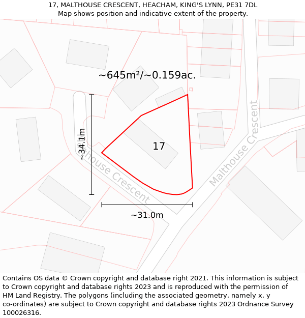 17, MALTHOUSE CRESCENT, HEACHAM, KING'S LYNN, PE31 7DL: Plot and title map