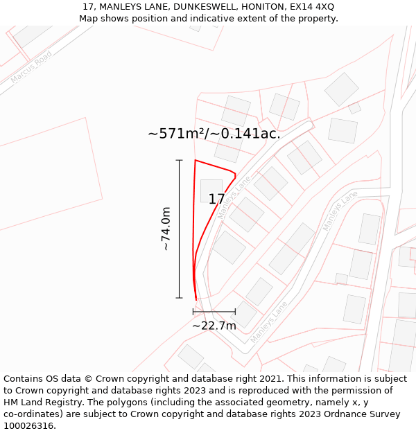 17, MANLEYS LANE, DUNKESWELL, HONITON, EX14 4XQ: Plot and title map