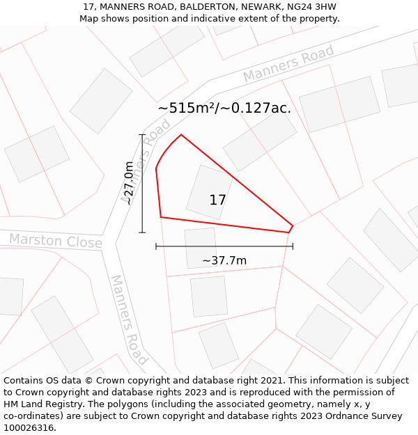 17, MANNERS ROAD, BALDERTON, NEWARK, NG24 3HW: Plot and title map