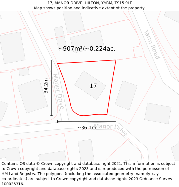 17, MANOR DRIVE, HILTON, YARM, TS15 9LE: Plot and title map