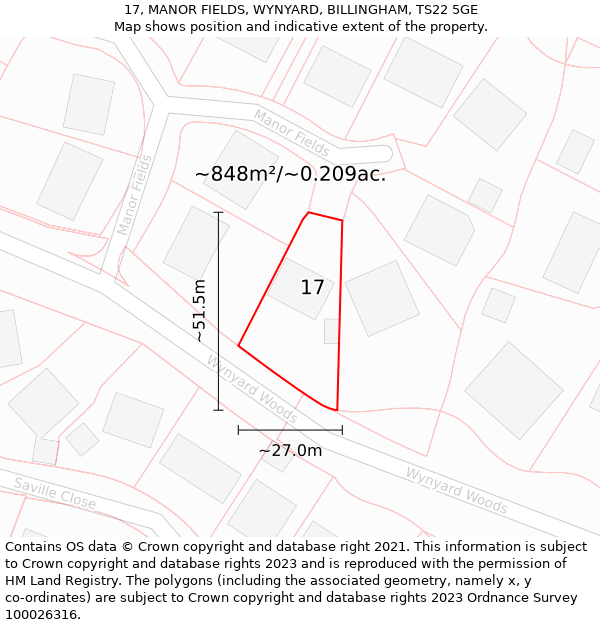 17, MANOR FIELDS, WYNYARD, BILLINGHAM, TS22 5GE: Plot and title map