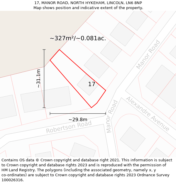 17, MANOR ROAD, NORTH HYKEHAM, LINCOLN, LN6 8NP: Plot and title map