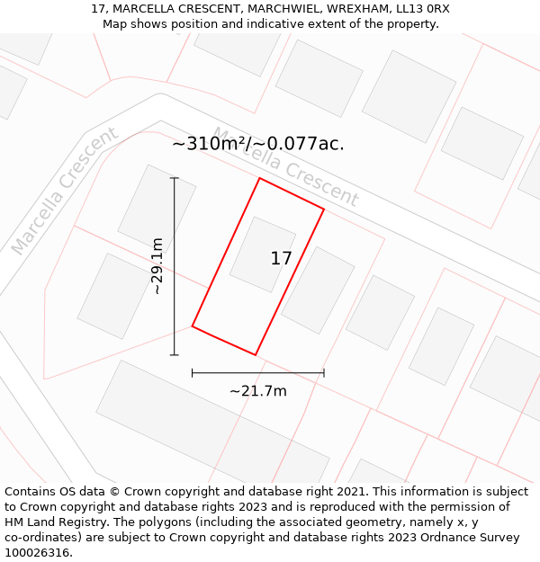 17, MARCELLA CRESCENT, MARCHWIEL, WREXHAM, LL13 0RX: Plot and title map