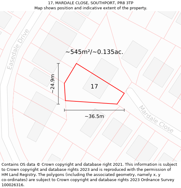 17, MARDALE CLOSE, SOUTHPORT, PR8 3TP: Plot and title map