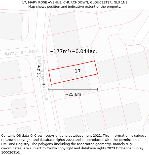 17, MARY ROSE AVENUE, CHURCHDOWN, GLOUCESTER, GL3 1NB: Plot and title map