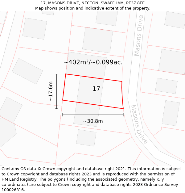 17, MASONS DRIVE, NECTON, SWAFFHAM, PE37 8EE: Plot and title map