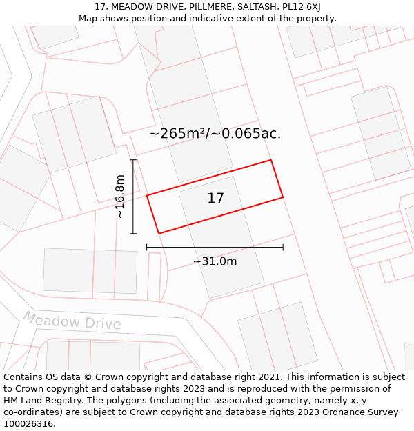 17, MEADOW DRIVE, PILLMERE, SALTASH, PL12 6XJ: Plot and title map