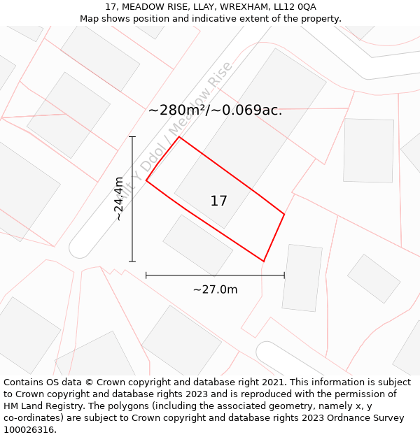 17, MEADOW RISE, LLAY, WREXHAM, LL12 0QA: Plot and title map