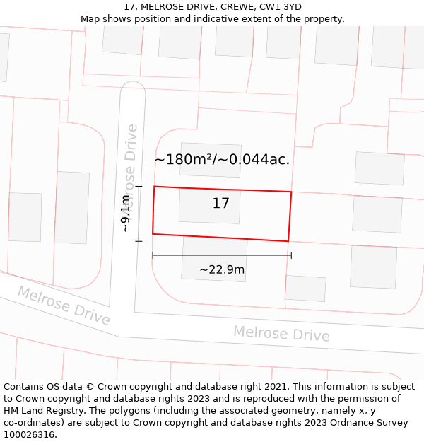 17, MELROSE DRIVE, CREWE, CW1 3YD: Plot and title map