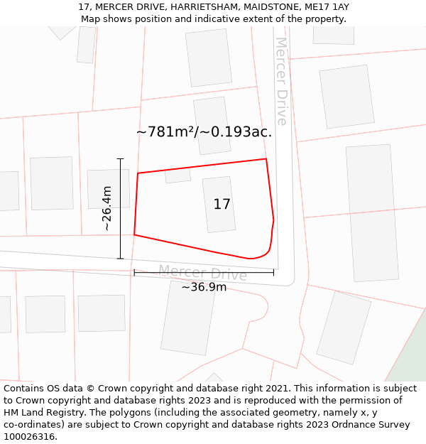 17, MERCER DRIVE, HARRIETSHAM, MAIDSTONE, ME17 1AY: Plot and title map