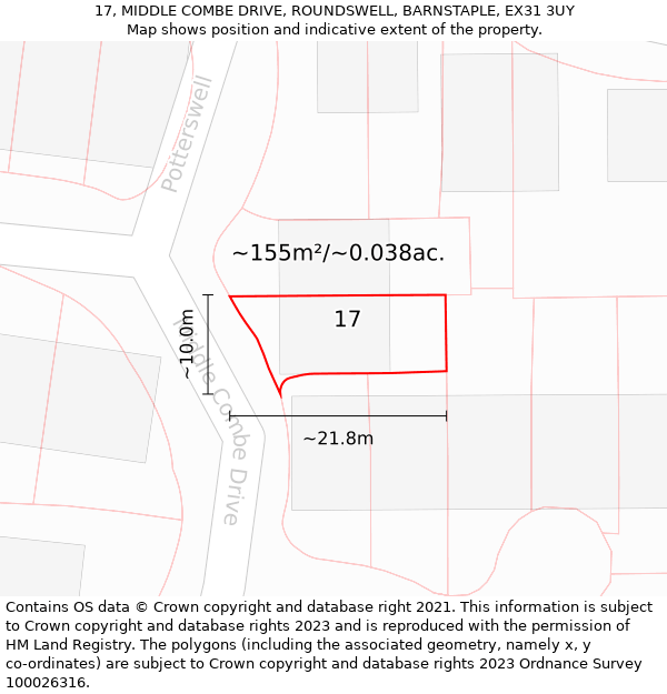 17, MIDDLE COMBE DRIVE, ROUNDSWELL, BARNSTAPLE, EX31 3UY: Plot and title map