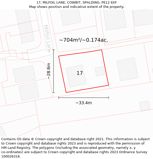 17, MILFOIL LANE, COWBIT, SPALDING, PE12 6XF: Plot and title map