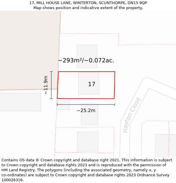 17, MILL HOUSE LANE, WINTERTON, SCUNTHORPE, DN15 9QP: Plot and title map