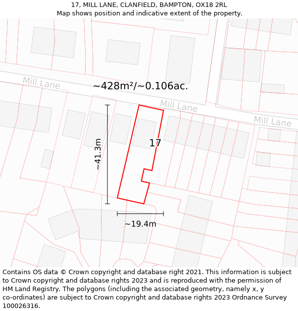 17, MILL LANE, CLANFIELD, BAMPTON, OX18 2RL: Plot and title map