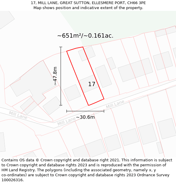 17, MILL LANE, GREAT SUTTON, ELLESMERE PORT, CH66 3PE: Plot and title map