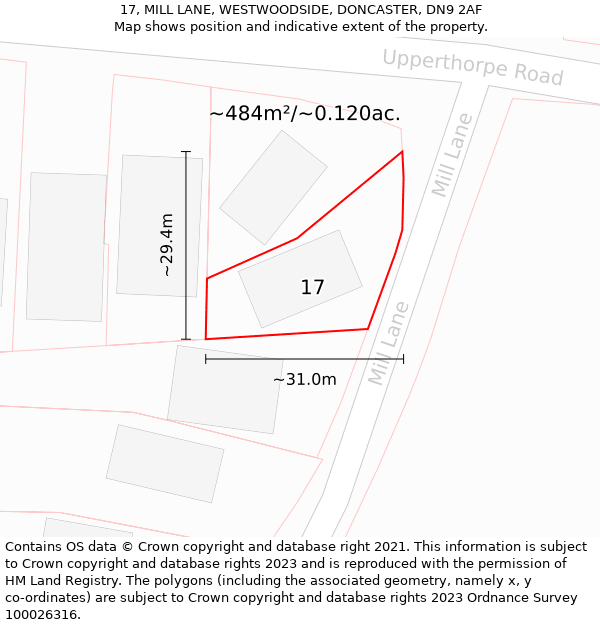 17, MILL LANE, WESTWOODSIDE, DONCASTER, DN9 2AF: Plot and title map