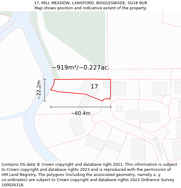 17, MILL MEADOW, LANGFORD, BIGGLESWADE, SG18 9UR: Plot and title map