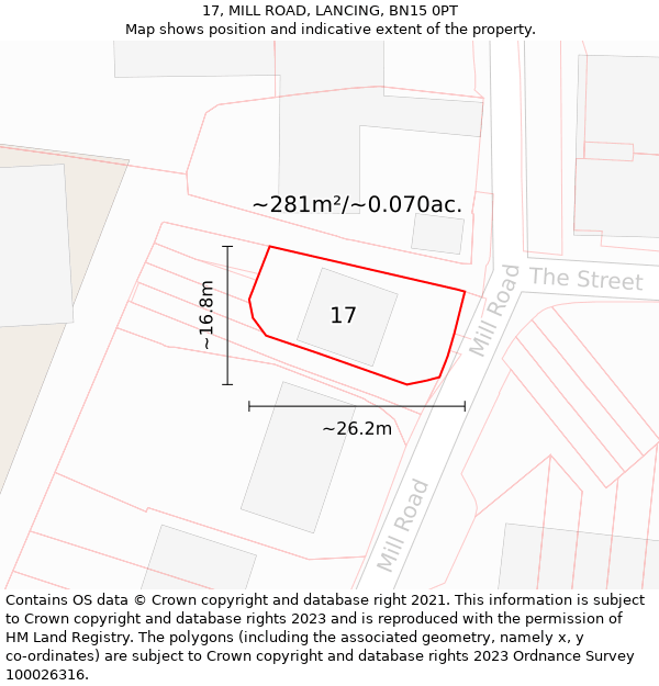 17, MILL ROAD, LANCING, BN15 0PT: Plot and title map