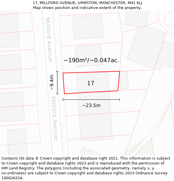 17, MILLFORD AVENUE, URMSTON, MANCHESTER, M41 6LJ: Plot and title map