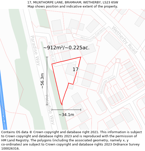 17, MILNTHORPE LANE, BRAMHAM, WETHERBY, LS23 6SW: Plot and title map