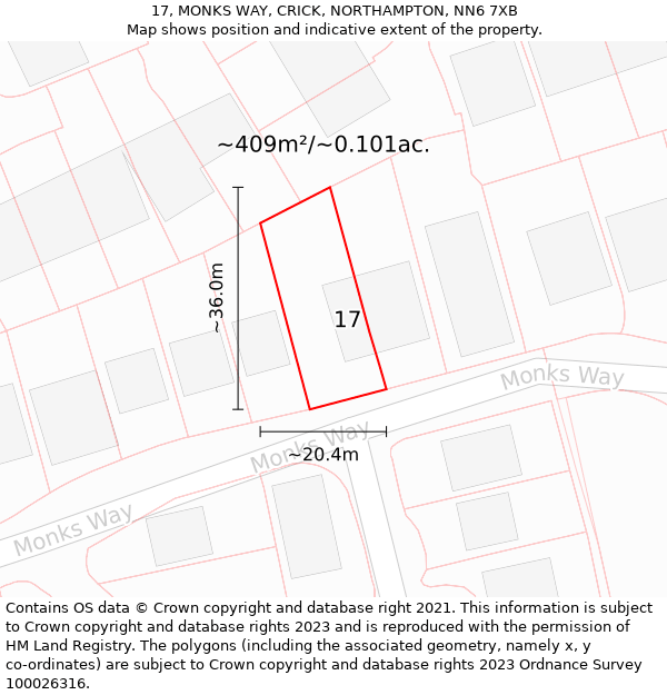 17, MONKS WAY, CRICK, NORTHAMPTON, NN6 7XB: Plot and title map