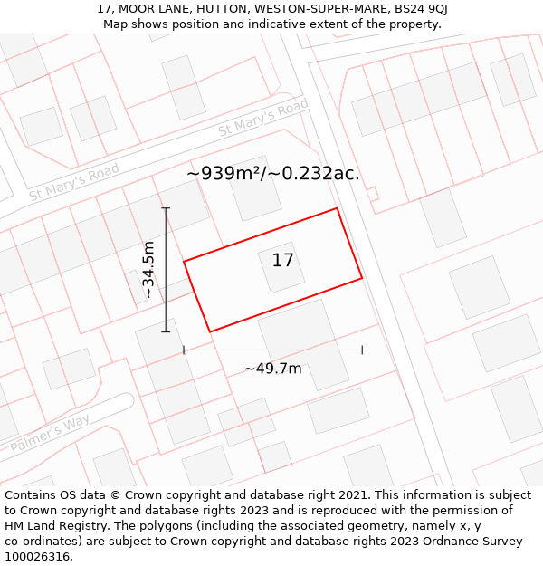 17, MOOR LANE, HUTTON, WESTON-SUPER-MARE, BS24 9QJ: Plot and title map