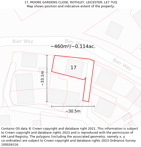 17, MOORE GARDENS CLOSE, ROTHLEY, LEICESTER, LE7 7UQ: Plot and title map