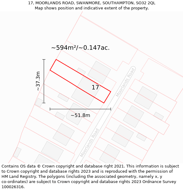 17, MOORLANDS ROAD, SWANMORE, SOUTHAMPTON, SO32 2QL: Plot and title map