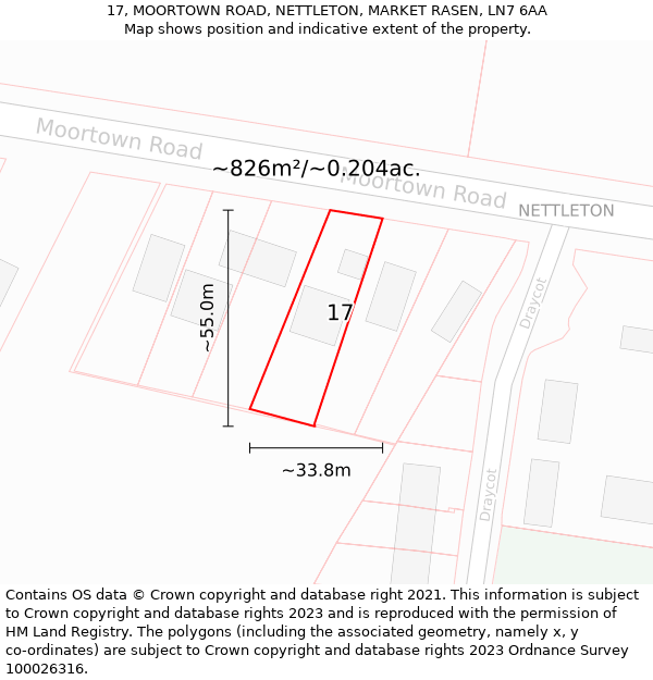 17, MOORTOWN ROAD, NETTLETON, MARKET RASEN, LN7 6AA: Plot and title map