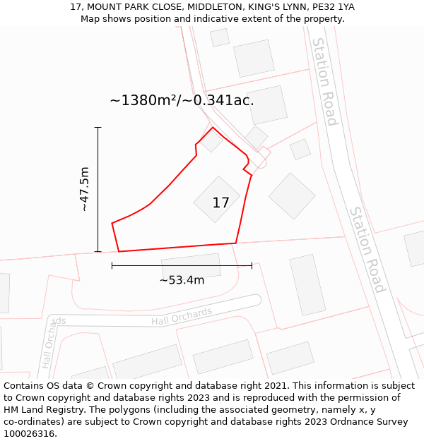 17, MOUNT PARK CLOSE, MIDDLETON, KING'S LYNN, PE32 1YA: Plot and title map