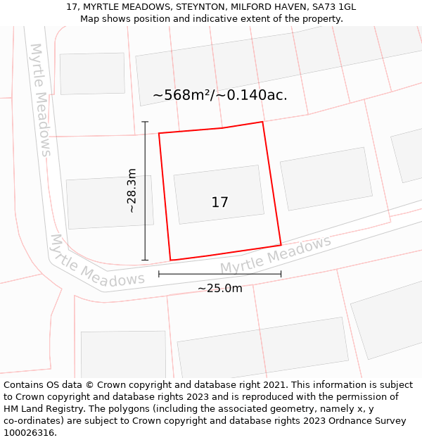 17, MYRTLE MEADOWS, STEYNTON, MILFORD HAVEN, SA73 1GL: Plot and title map