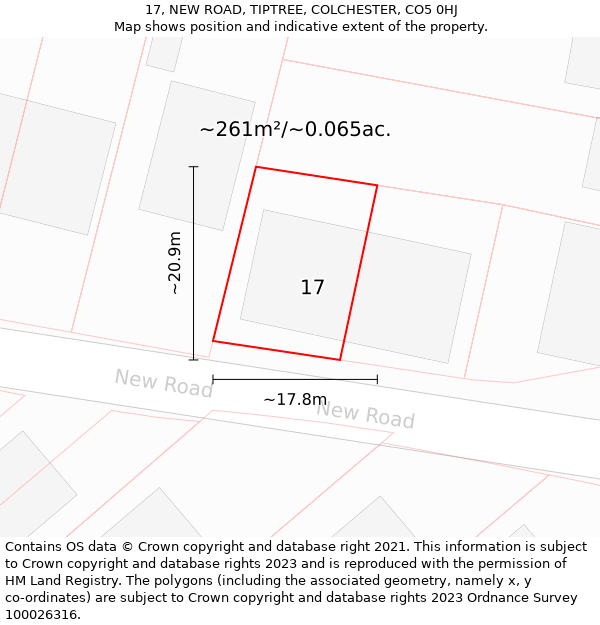 17, NEW ROAD, TIPTREE, COLCHESTER, CO5 0HJ: Plot and title map