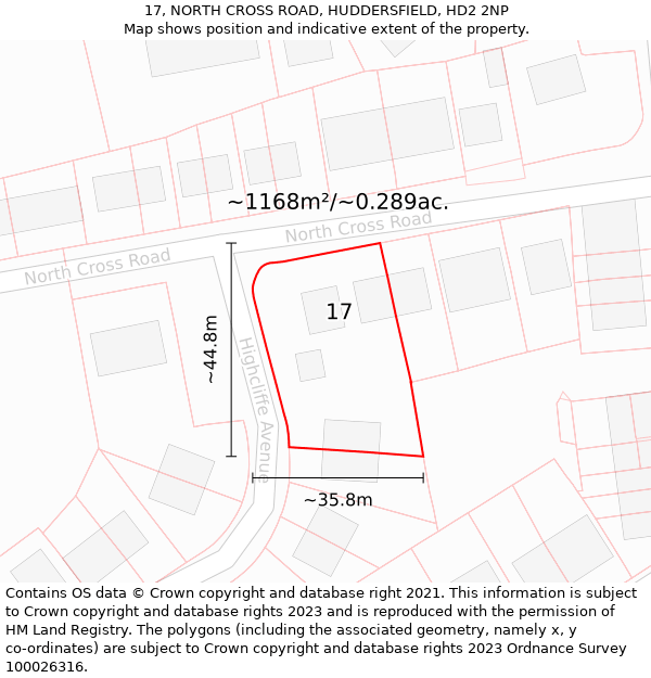 17, NORTH CROSS ROAD, HUDDERSFIELD, HD2 2NP: Plot and title map